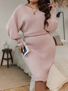 SHEIN Clasi Váy len tay cánh dơi Plus cho mùa thu/đông - Bụi hồng - Xem 6