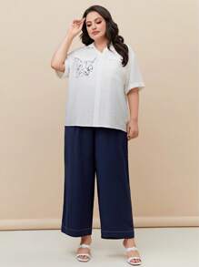 Mulvari 大碼印花襯衫&闊腿褲 - 藍白色 - 查看 5