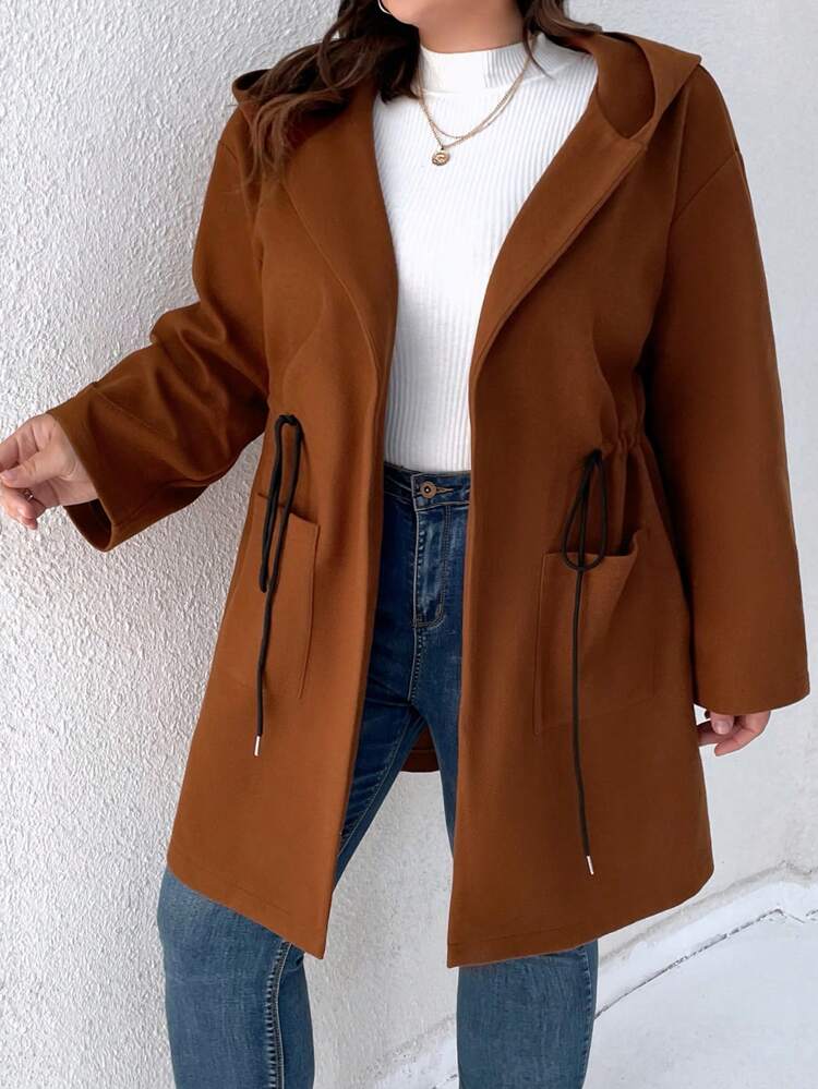 Plus Drawstring Waist Dual Pocket Hooded Overcoat Fall Cloth For Women