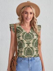 SHEIN LUNE Allover Print Ruffle Trim Blouse