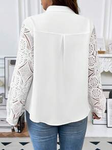 SHEIN Franclia Hơn Guipure Ren tương phản Nút phía trước Áo sơ mi - trắng - Xem 3