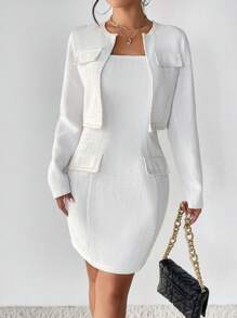 SHEIN Privé 翻蓋細節夾克&吊帶洋裝 - 白色 - 查看 1