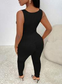 Slaydiva Chất rắn Áo ba lỗ & Eo dây rút Quần bó sát - màu đen - Xem 2