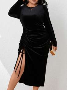SHEIN Clasi Hơn Dây rút Tách đùi Đầm - màu đen - Xem 7
