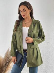 SHEIN LUNE 翻蓋細節褶皺細節落肩袖外套 - 軍綠色 - 查看 3