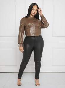 SHEIN SXY Plus Zip Up PU Jacket - Brown - View 4
