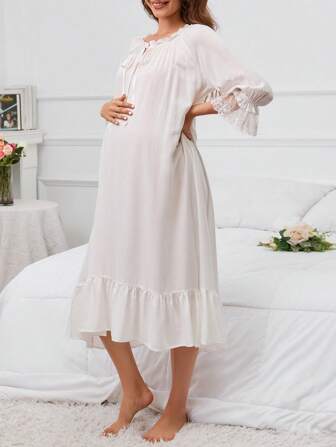 孕婦繫帶領荷葉袖荷葉邊洋裝