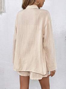 SHEIN VCAY Solid Button Front Shirt & Shorts - Apricot - View 2