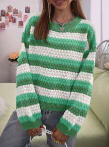 SHEIN Unity 条纹图案落肩针织套头衫，适合秋冬季穿着。 - 綠色 - 查看 3
