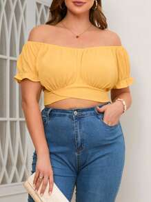 SHEIN Privé Plus Off Shoulder Flounce Sleeve Tie Back Crop Blouse - Yellow - View 1