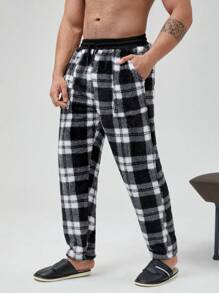 Quần ngủ nam họa tiết kẻ caro có dây rút ở eo, dành cho mùa thu đông - Đen và trắng - Xem 3