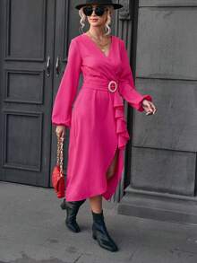 SHEIN Privé 燈籠袖荷葉邊圍裹下擺繫腰帶洋裝 - 紅色 - 查看 6