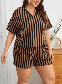 SHEIN Essnce Hơn In sọc Thả vai Áo & quần short - màu nâu - Xem 3