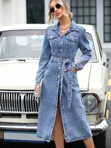 SHEIN Essnce Flap Pocket Belted Denim Dress Fall Cloth For Women