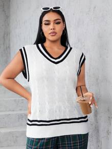 SHEIN EZwear Plus Striped Trim Cable Knit Sweater Vest