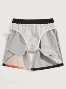 Manfinity Hombres Shorts de natación con estampado de letra y dibujos animados de cintura con cordón - Negro - Ver 4