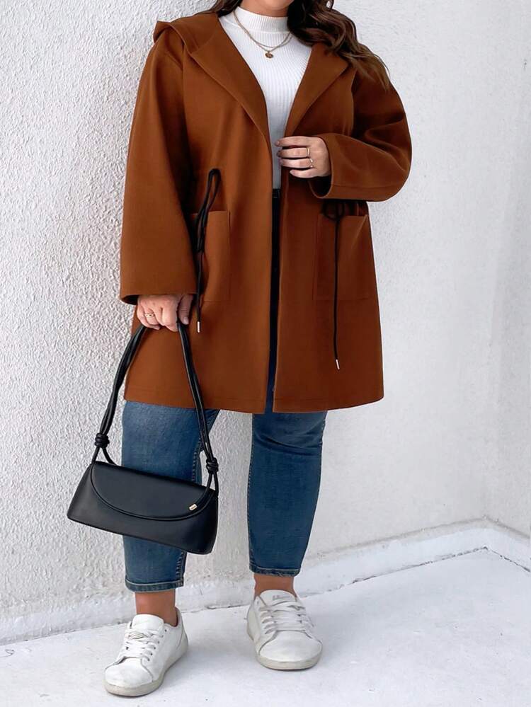 Plus Drawstring Waist Dual Pocket Hooded Overcoat Fall Cloth For Women