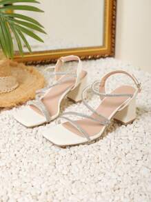 Women's Fashionable Breathable High Heel Sandals With Gorgeous Rhinestone Detailing For Summer Valentines,Chunky Heels - White - View 6