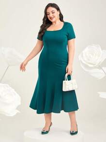 Mulvari Talla grande Vestido unicolor bajo sirena - Agua verde azul - Ver 4