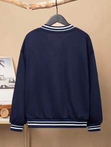 SHEIN 男大童字母圖案條紋飾邊落肩袖運動衫 - 藏蓝色 - 查看 2