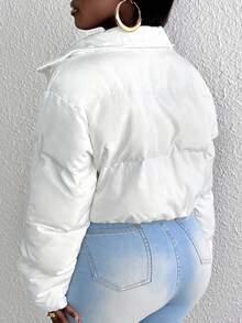 Slaydiva Solid Zip Up Crop Padded Coat - White - View 2