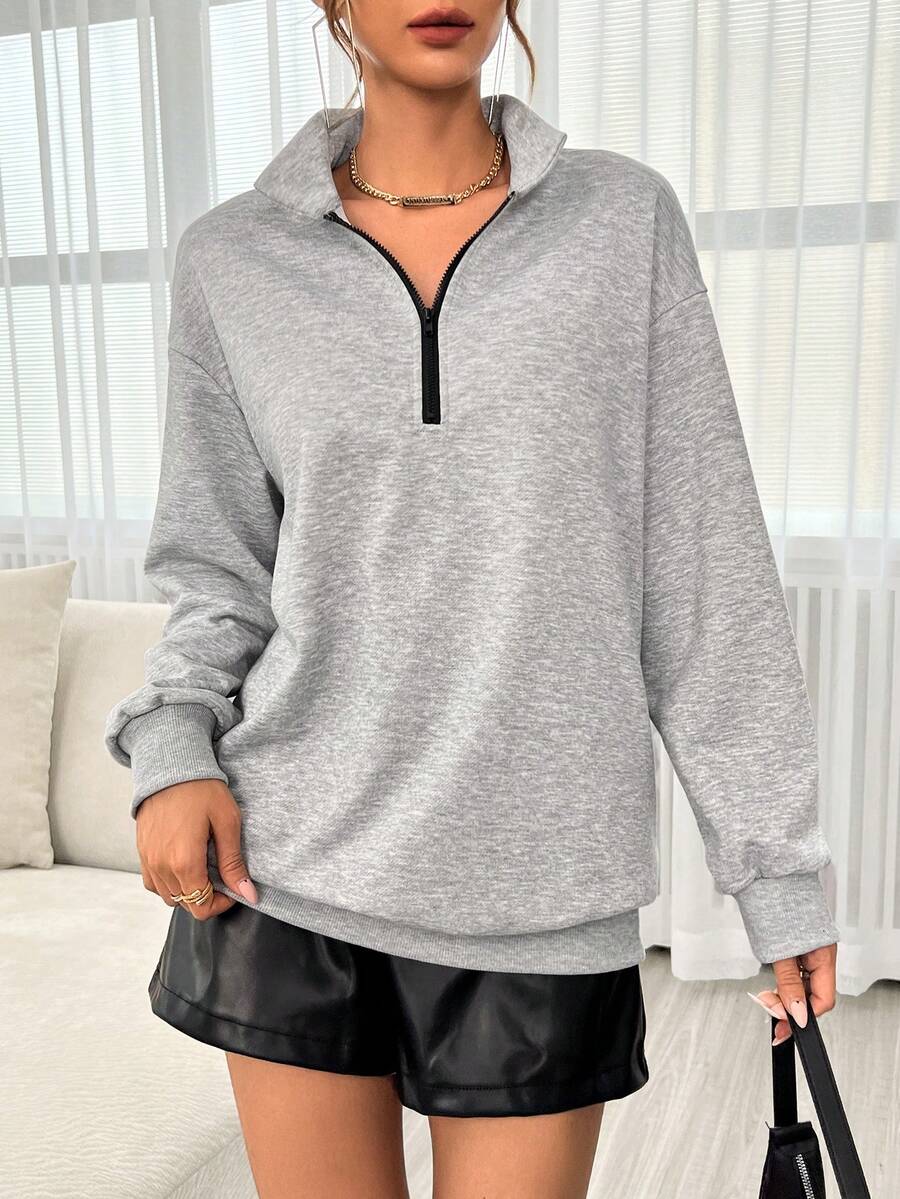 SHEIN EZwear 半拉鏈落肩袖運動衫 - 淺灰色 - 查看 1