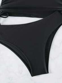 Swim Basics Summer Beach Drawstring Side Halter Tankini - Black - View 8