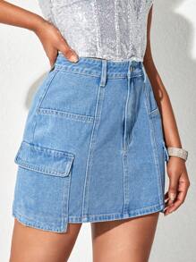 SHEIN Essnce 側翻蓋口袋牛仔半身裙 - 淺色水洗藍 - 查看 1