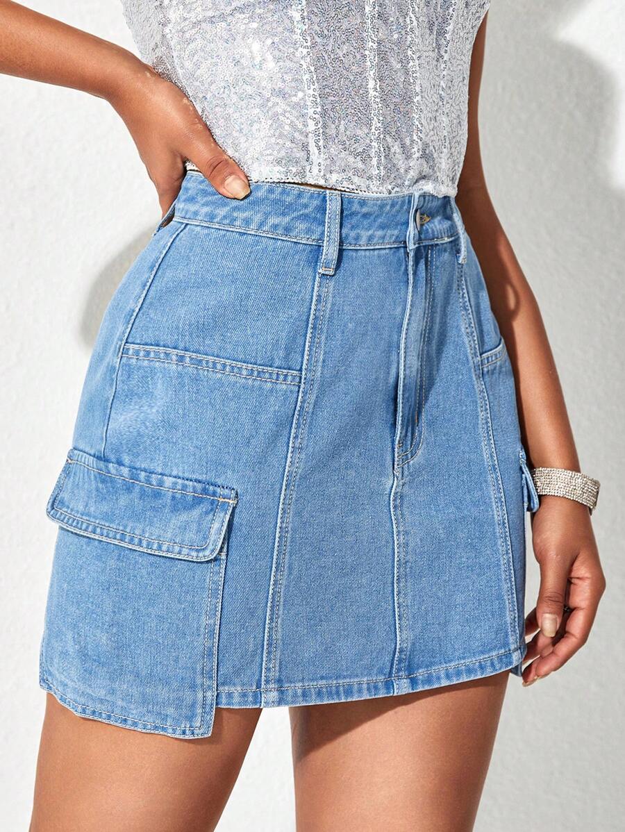 SHEIN Essnce 側翻蓋口袋牛仔半身裙 - 淺色水洗藍 - 查看 1