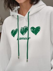SHEIN Frenchy Heart & Letter Graphic Drop Shoulder Drawstring Hoodie - White - View 5