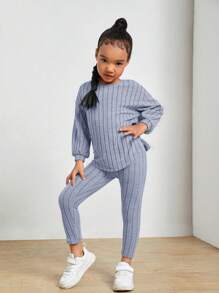 SHEIN Young Girl Drop Shoulder Ribbed Knit Tee & Leggings