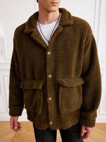 RueChic Men Flap Pocket Drop Shoulder Teddy Coat - Olive Green - View 6