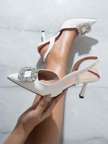 SVRM 时尚女士黑色高跟尖头蝴蝶结水钻装饰踝带凉鞋，优雅，女士高跟鞋，优雅，派对装扮，婚礼装扮 - 白色 - 查看 5