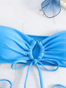 Swim Basics Summer Beach Tie Front Bandeau Tie Side Bikini Set - Baby Blue - View 4