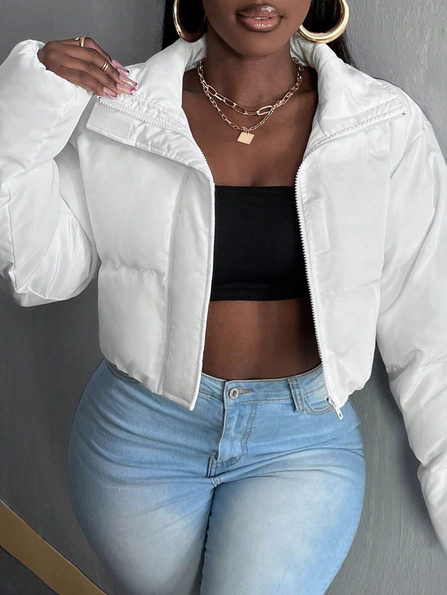 Slaydiva Solid Zip Up Crop Padded Coat - White - View 1