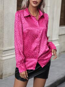 SHEIN Clasi Leopard Jacquard Shirt - Hot Pink - View 3