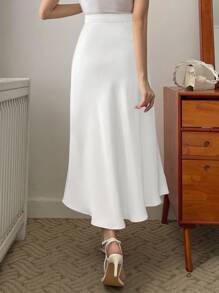 DAZY 纯色高腰喇叭裙 - 白色 - 查看 2