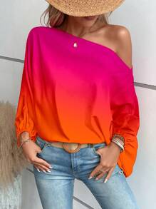 SHEIN LUNE Ombre Asymmetrical Neck Batwing Sleeve Blouse One Shoulder Top - Multicolor - View 3