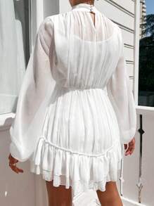 EURMUSE Women's Elegant Commuter Solid Color Stand Collar Lantern Sleeve Ruffle Hem Dress - White - View 5