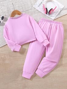 SHEIN Cô Gái Trẻ Đồ họa Chữ cái Áo len & Quần nỉ - Hồng - Xem 2