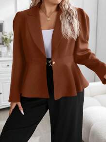Celure Plus Lapel Neck Single Button Peplum Blazer - Brown - View 5