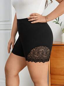 SHEIN Privé Quần short dành cho người đi xe đạp bằng ren tương phản - màu đen - Xem 4