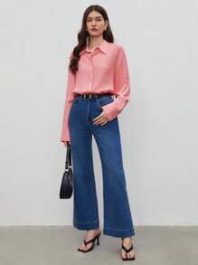 BizChic Chất rắn Nút phía trước Thả vai Áo sơ mi - Màu Hồng  San hô - Xem 3