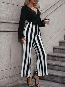 SHEIN VCAY Striped Print Surplice Neck Belted Wide Leg Jumpsuit - Black - View 6