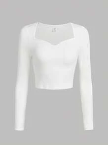 SHEIN Girlism Áo thun dài tay cổ tim xẻ sâu màu trơn cho bé gái tuổi teen - trắng - Xem 1