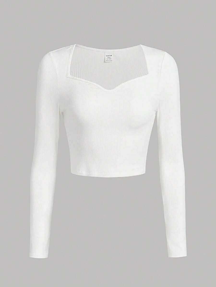 SHEIN Girlism Áo thun dài tay cổ tim xẻ sâu màu trơn cho bé gái tuổi teen - trắng - Xem 1
