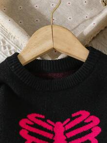 SHEIN Young Girl Skeleton Pattern Drop Shoulder Sweater - Black - View 3