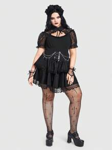 ROMWE Grunge Punk 大尺碼女士朋克風十字形金屬裝飾荷葉邊半身裙 - 黑色 - 查看 2