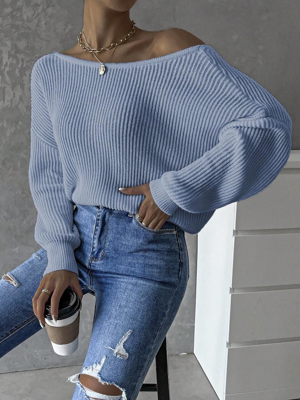 Twist Backless Drop Shoulder Ribbed Knit Pullover Fall Winter Sweater