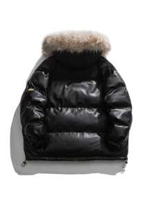 Men Letter Patched Fuzzy Trim Hooded Padded Coat - Black - View 2